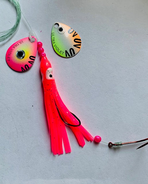 Salmon spinner pink squid with 3.0 U.V Colorado blade